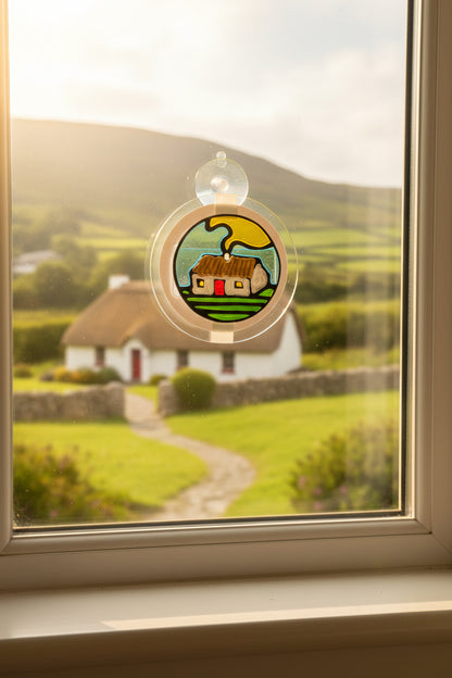 A hand-painted glass sun catcher featuring a small house with a brown roof, white walls, and a red door, set against green hills and a yellow sun. The piece is packaged on a blue card labeled 'Visual Instinct' and 'Sun Catcher Sticky Beag'.