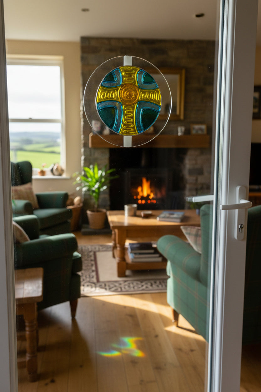 A hand-painted glass sun catcher featuring a Celtic cross design in yellow, blue, and green, shown on its white backing card with the brand Visual Instinct.