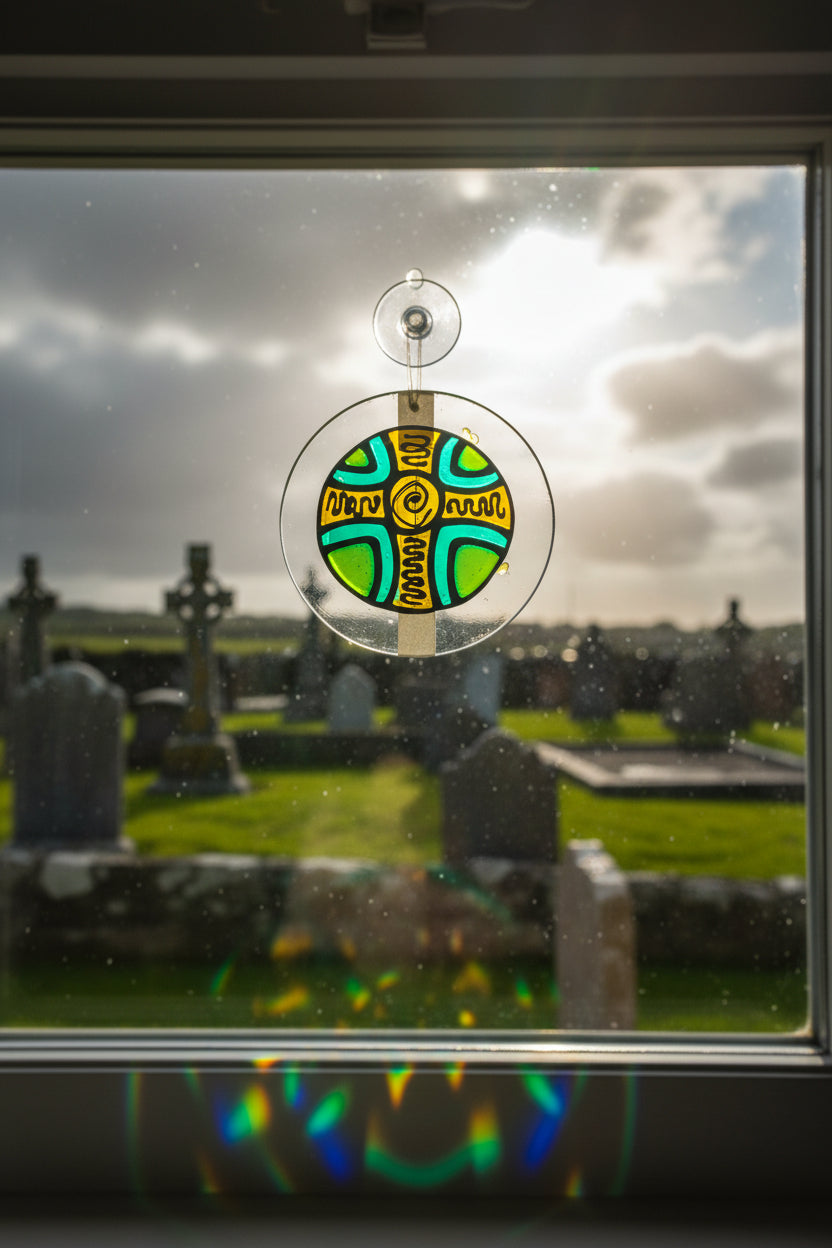 A hand-painted glass sun catcher featuring a Celtic cross design in green, yellow, and black, mounted on its original Visual Instinct 'Sun Catcher Sticky Beag' retail packaging card.