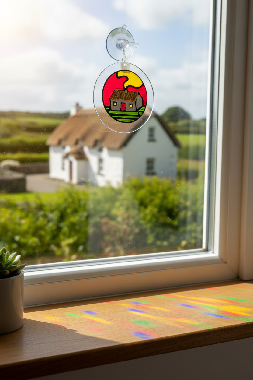 A circular glass ornament labeled 'Sun Catcher Sticky Beag' featuring a hand-painted cottage under a yellow sun on a red and green background, still in its retail packaging with a blue and white header card.