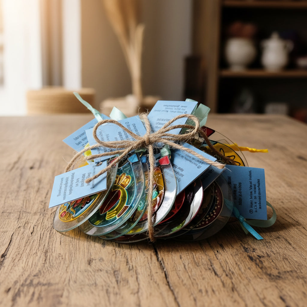 A stack of hand-painted glass suncatchers with gift tags, tied with twine and a ribbon on a rustic wooden table