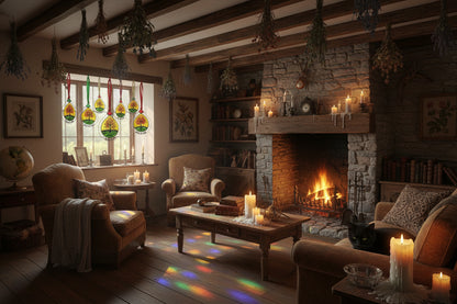 Tree of Life glass suncatchers hanging in a cottage window, casting rainbow light across a fireside room