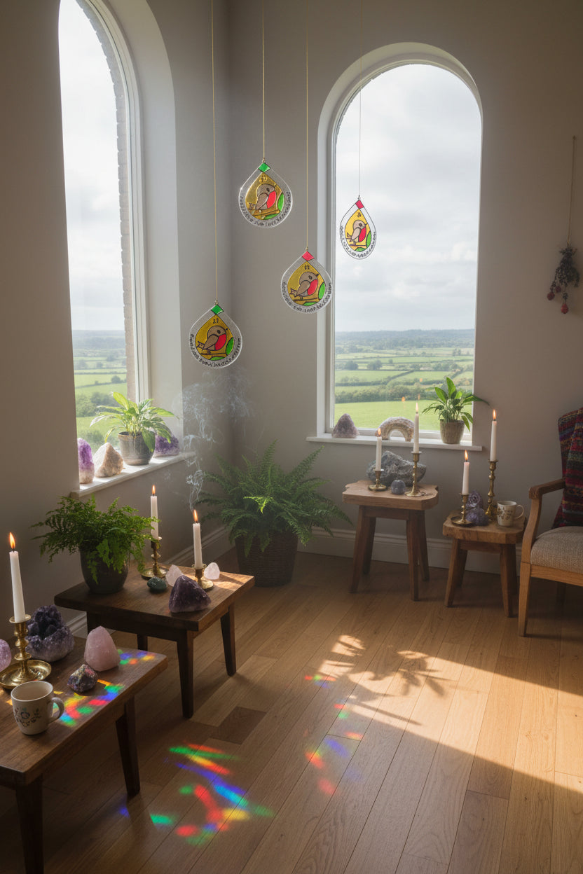 Four teardrop suncatchers hanging in tall arched windows above green Irish fields, scattering rainbow light across a wooden floor
