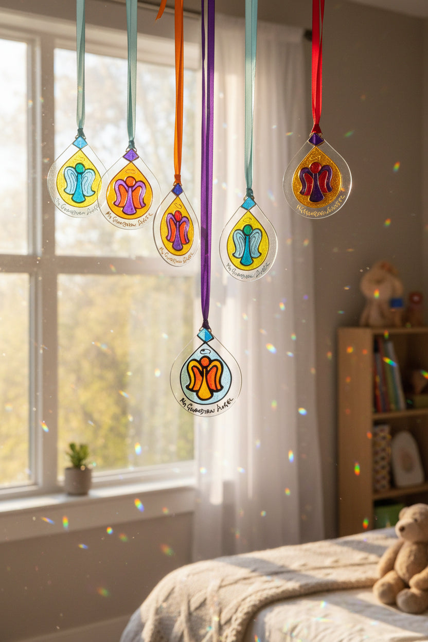 Five clear acrylic Christmas ornaments shaped like teardrop crystals, each featuring a colorful angel design and a hanging ribbon. The ornaments are arranged on a textured white fabric background.