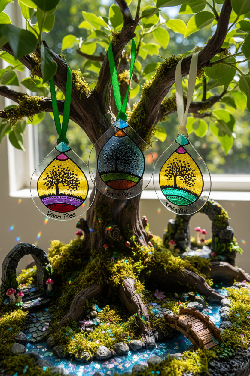 Three Fairy Tree hand-painted glass suncatchers hanging in sunlight above a miniature Irish fairy garden