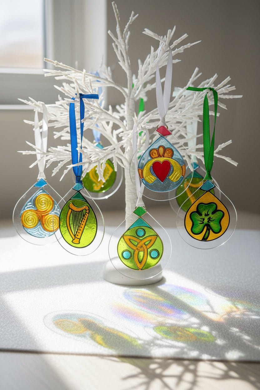 Four Irish-themed clear acrylic ornament pendants with colorful glass inserts and hanging ribbons, displayed on a textured white surface with a blue 'A little piece of Luck from Ireland' card behind them.