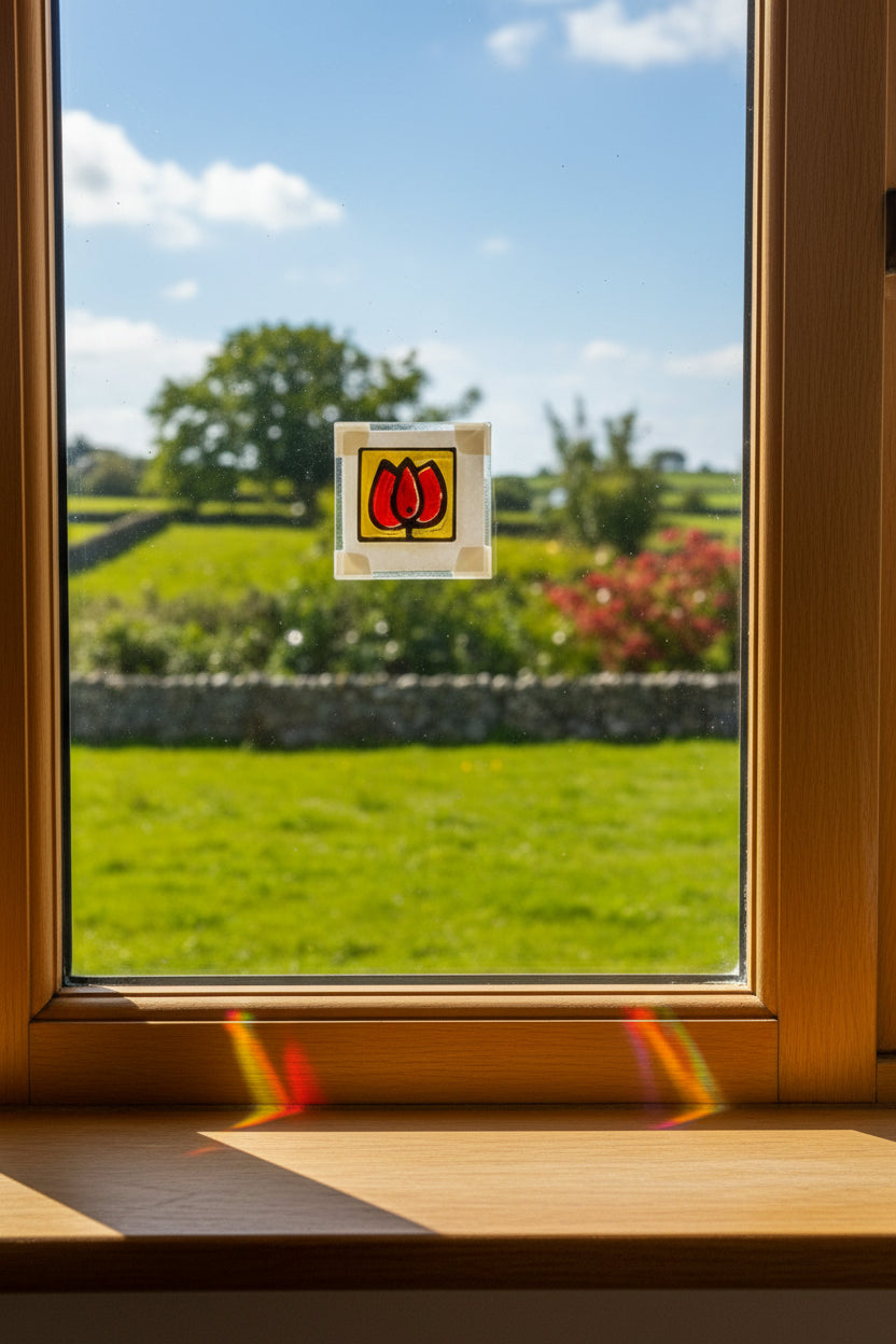 Small square hand-painted tulip suncatcher on a cottage window overlooking green Irish fields and a stone wall