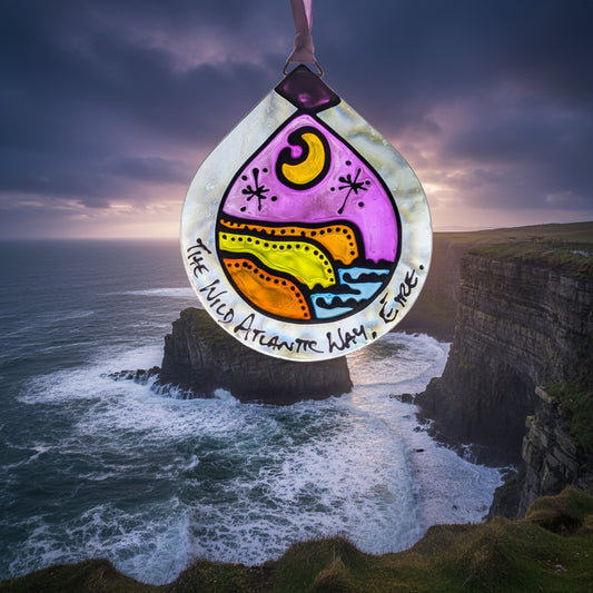 The Wild Atlantic Way night - Irish Landmarks hand-painted glass suncatcher by Honor Hales | KELEPURI Gifts