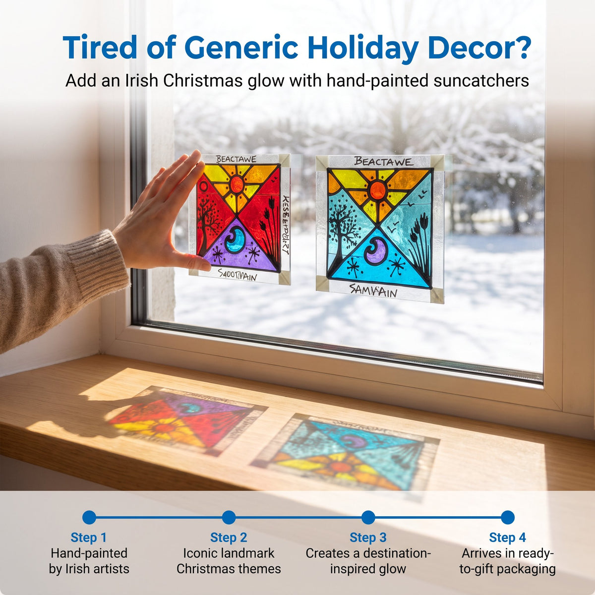 A hand holds a hand-painted stained glass window suncatcher against a snowy window, with two colorful decorative glass panels displayed on the window and a step-by-step infographic at the bottom.