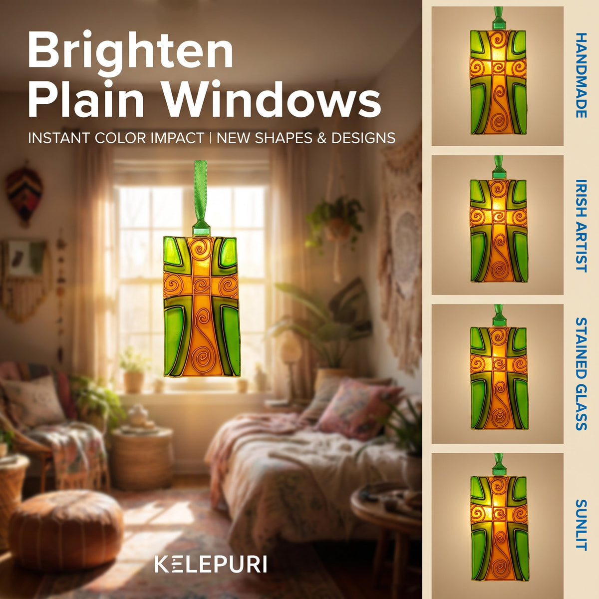 A decorative stained-glass-style window brightener with an abstract green, orange, and yellow pattern hangs in front of a bedroom window. The left side includes marketing text reading 'Brighten Plain Windows' and the brand name KELEPURI.