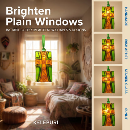 A decorative stained-glass-style window brightener with an abstract green, orange, and yellow pattern hangs in front of a bedroom window. The left side includes marketing text reading 'Brighten Plain Windows' and the brand name KELEPURI.