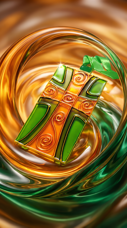 A stylized close-up of a rectangular product with a green and orange patterned surface, wrapped in a glossy green ribbon, set against a swirling amber and green reflective background.
