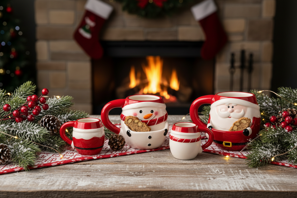 A Christmas-themed ceramic mug set featuring Santa Claus and snowman designs, with built-in cookie compartments. The set includes multiple sizes of the mug, a decorative gift box, and two cookies displayed inside the cookie compartments.