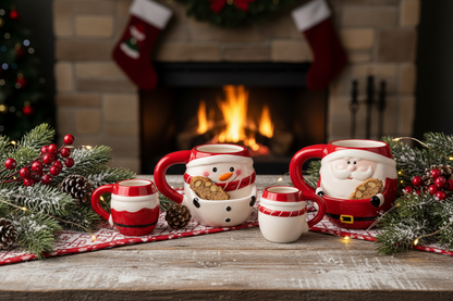 A Christmas-themed ceramic mug set featuring Santa Claus and snowman designs, with built-in cookie compartments. The set includes multiple sizes of the mug, a decorative gift box, and two cookies displayed inside the cookie compartments.