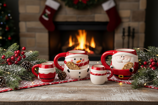 A Christmas-themed ceramic mug set featuring Santa Claus and snowman designs, with built-in cookie compartments. The set includes multiple sizes of the mug, a decorative gift box, and two cookies displayed inside the cookie compartments.