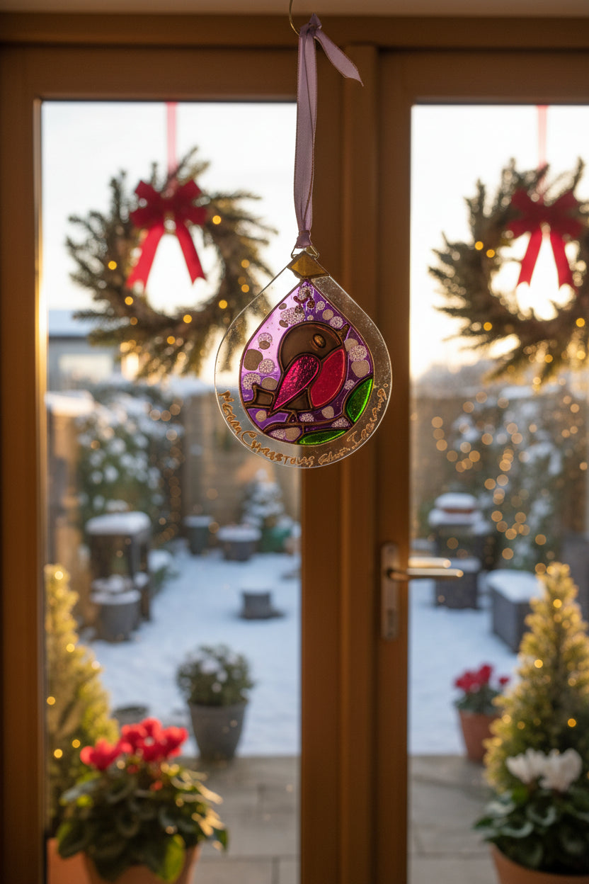 Purple Robin design hand-painted glass Christmas suncatcher by Honor Hales | KELEPURI Gifts