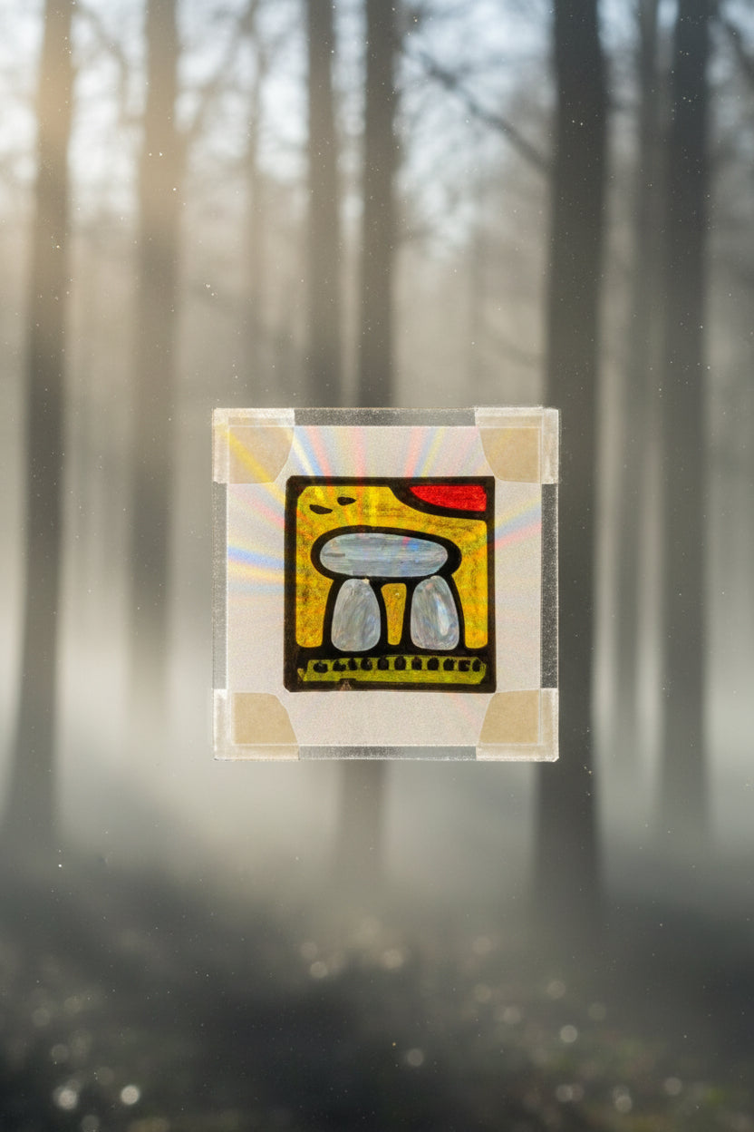  Small square suncatcher hand-painted with an Irish dolmen under a yellow sky, hanging in a misty woodland window