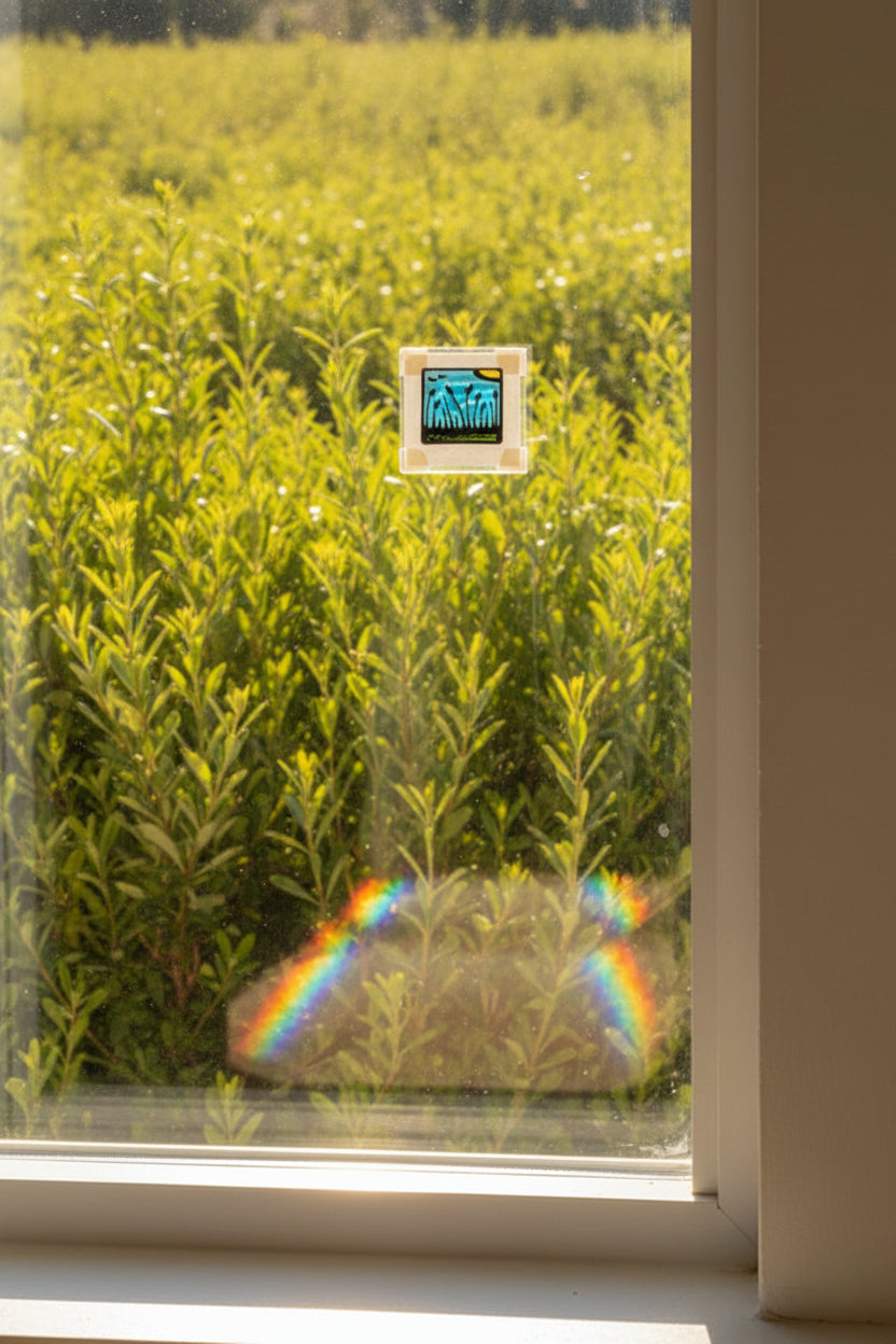 Small square suncatcher painted with blue wildflowers, catching sunlight and casting a rainbow on the windowsill