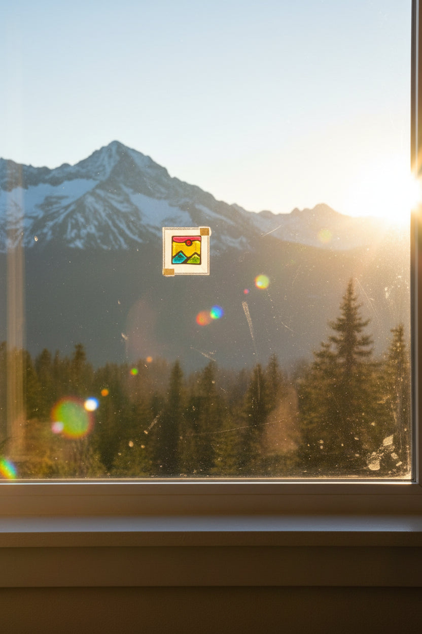Small square suncatcher painted with a red sun over golden hills, on a window facing snow-capped mountains